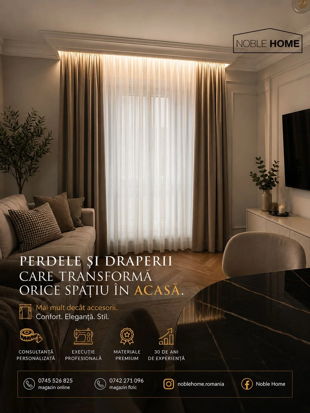 Draperii instalate într-un dormitor